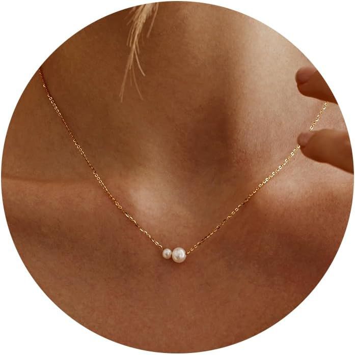 Amazon cross-border new fashion minimalist two round faux pearl necklace, versatile gold thin chain necklace jewelry