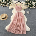 Sweet and gentle women's outfit: tie-neck square collar camisole crop top + high-waisted pleated midi skirt two-piece set