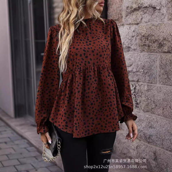Shein2024 new temperament women's clothing polka dot pleated lace semi-turtleneck long-sleeved shirt fashion top