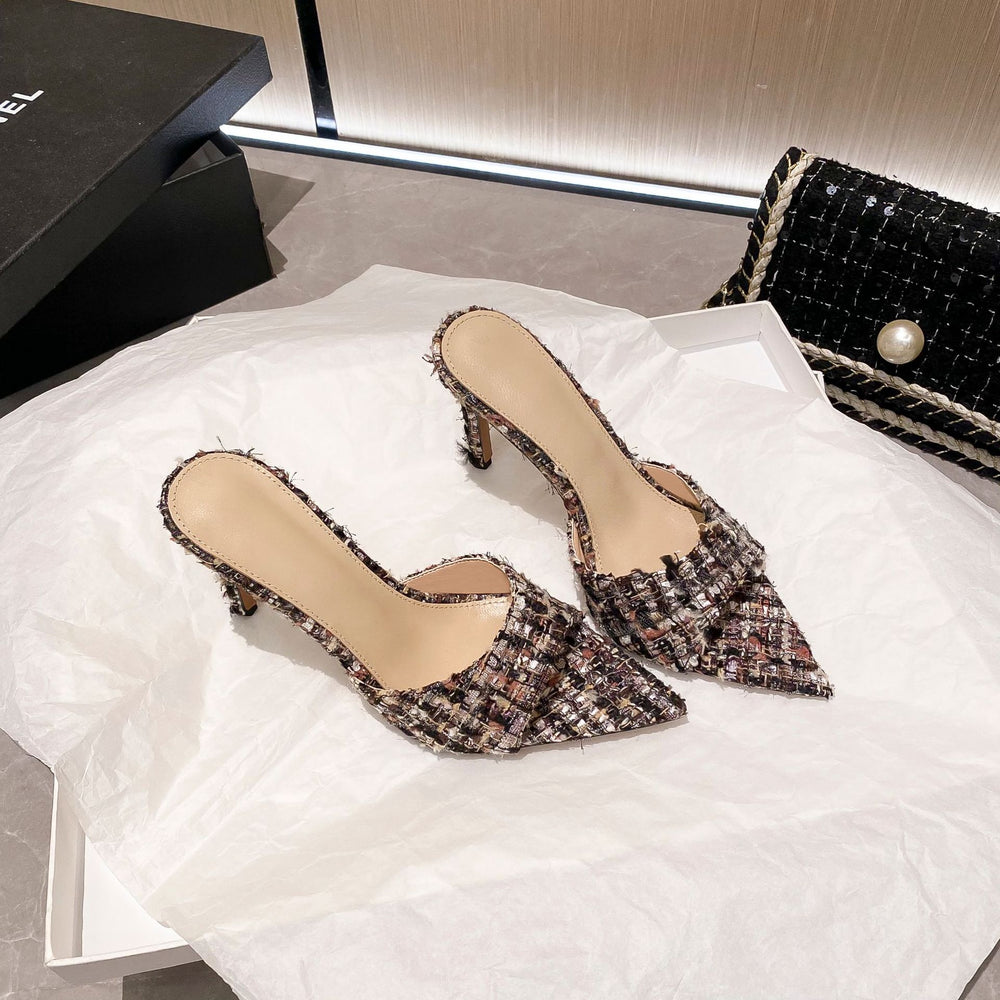 Yx tweed style stiletto heels - 2026 autumn fashion pointed-toe elegant french sandals - versatile sexy outdoor slides