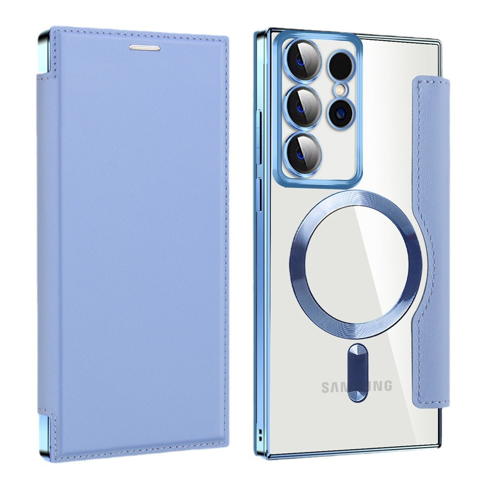Suitable for samsung s26ultra electroplated magnetic flip leather case s25plus mobile phone case a57 card lens film case