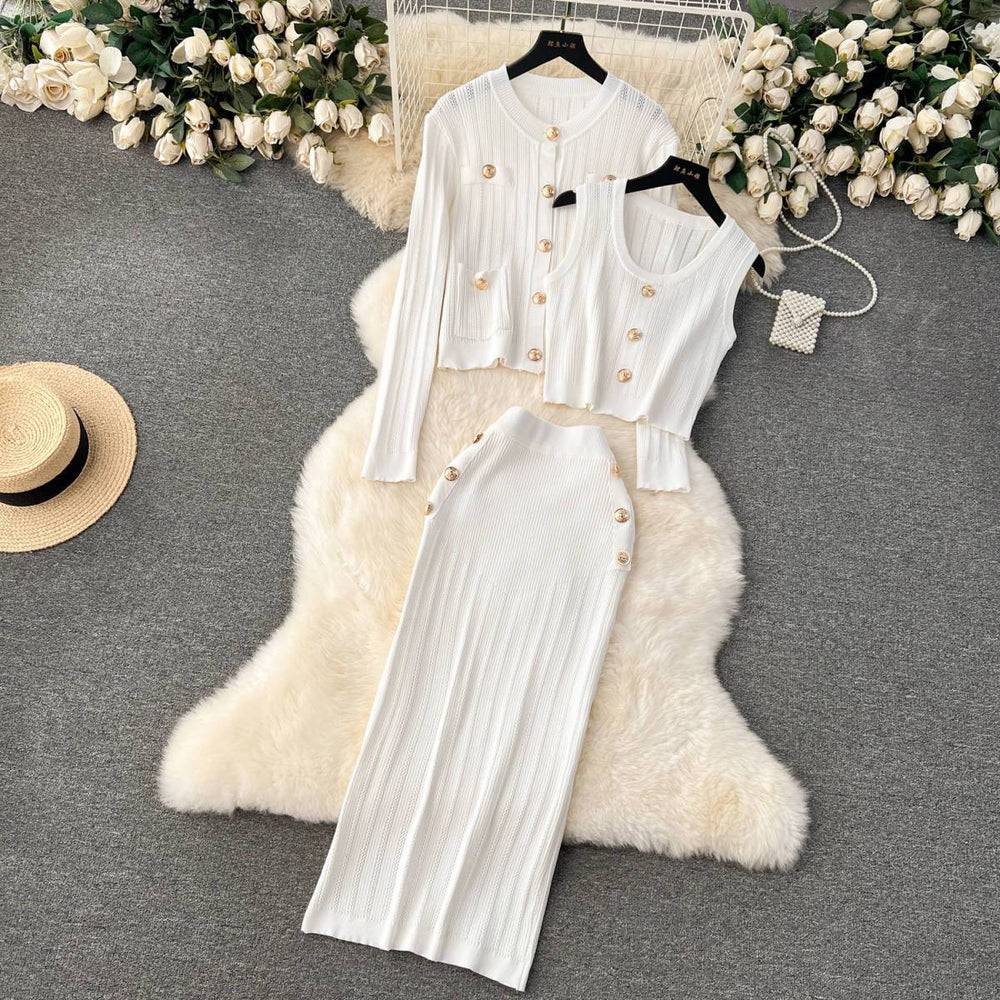 Xiaoxiangfengsuit early spring wear short vest easiest for matchknittingcardigan double-breasted skirtelegant three-piece set