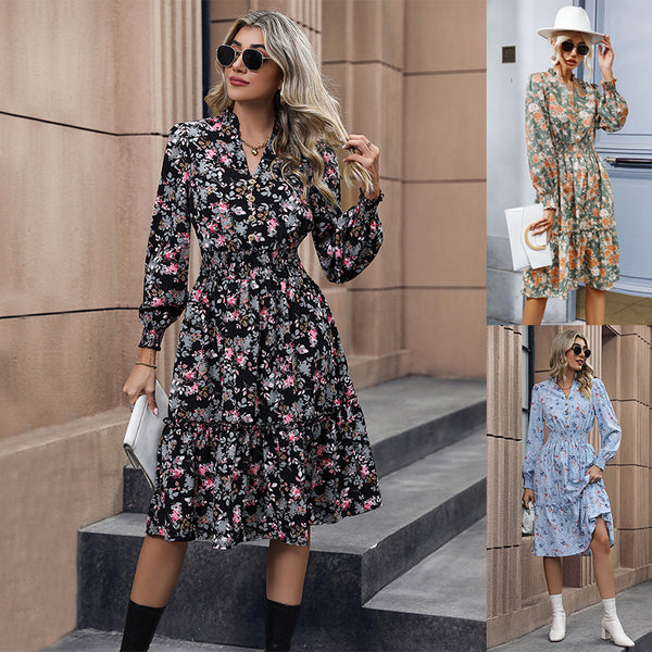 independent station spring and autumn explosion multi-color dating French pastoral  long-sleeved floral dress