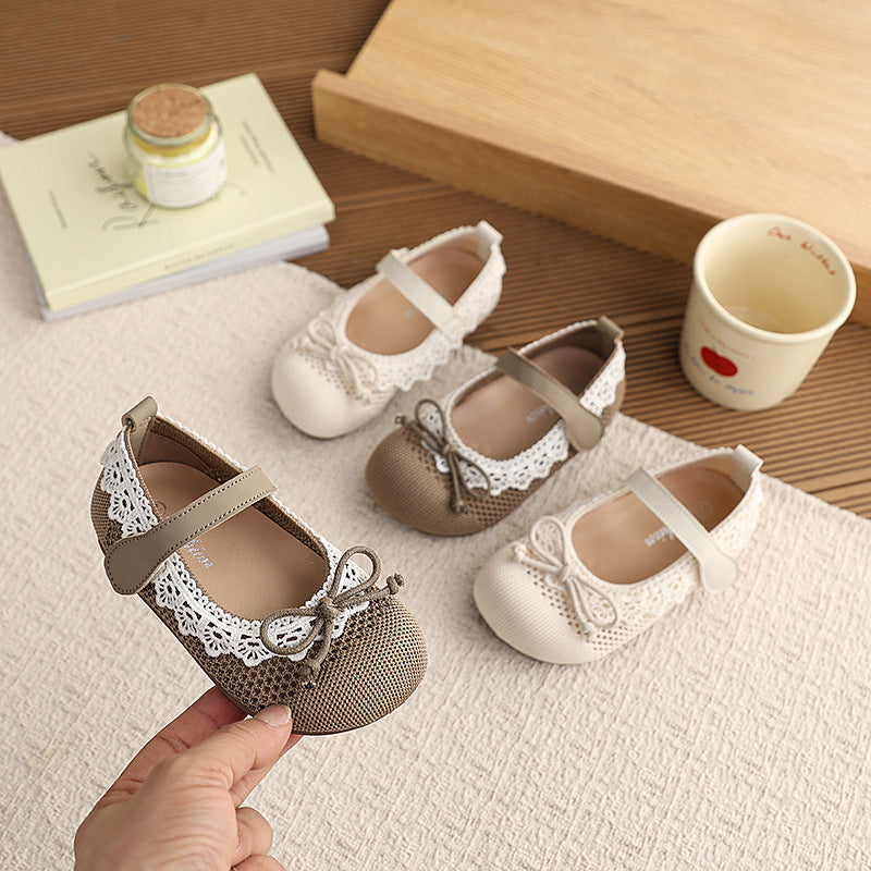 Vancahao children's shoes  spring and autumn new soft sole leather shoes korean style girls' hollow lace bow princess shoes