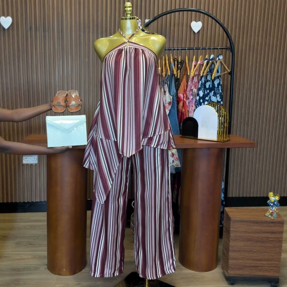 European and american cross-border women's fashion:  summer new collection - halter neck sleeveless striped irregular top and wide-leg pants set