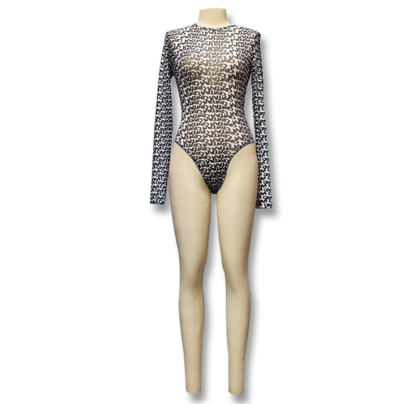 fashionnew arrivalsexylong sleeves tight inner wear trendyletterprinting mesh see-through jumpsuit for women