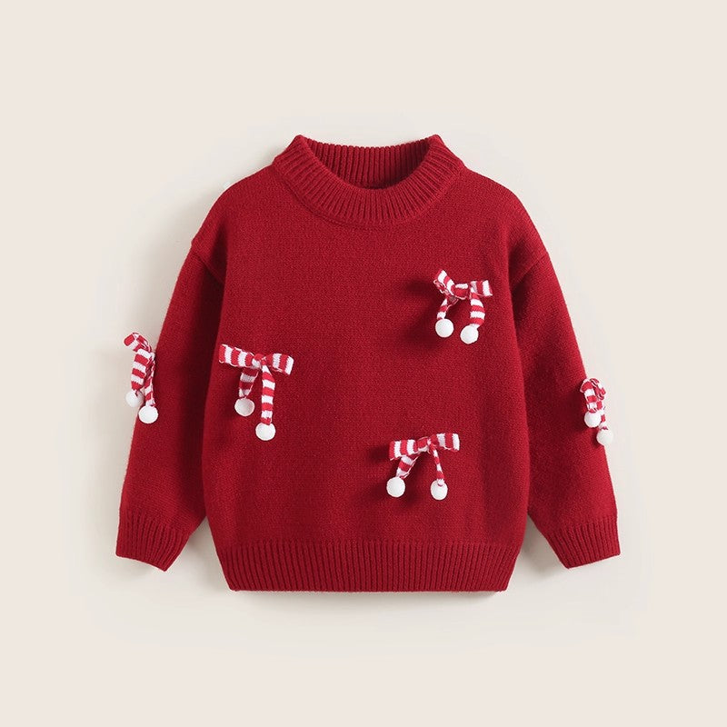 Girls' new year outfit: red sweater, winter knit top, stylish children's sweater,  new year's festive apparel