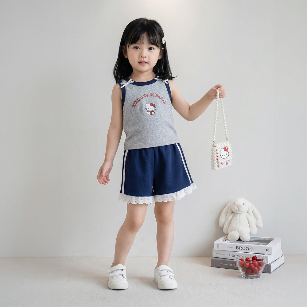 Girls' summer outfit: new 3d bowknot cartoon print tank top and lace shorts set - wholesale & dropshipping available