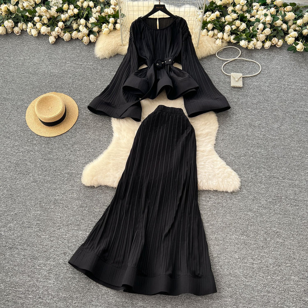 European and american chic tie-waist flared sleeve ruffle hem pleated top + high-waisted mermaid midi skirt set