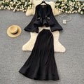 European and american chic tie-waist flared sleeve ruffle hem pleated top + high-waisted mermaid midi skirt set