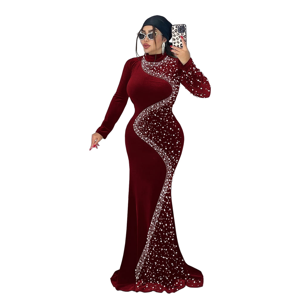 C7616 cross-border   fashion women's elegant velvet rhinestone dress
