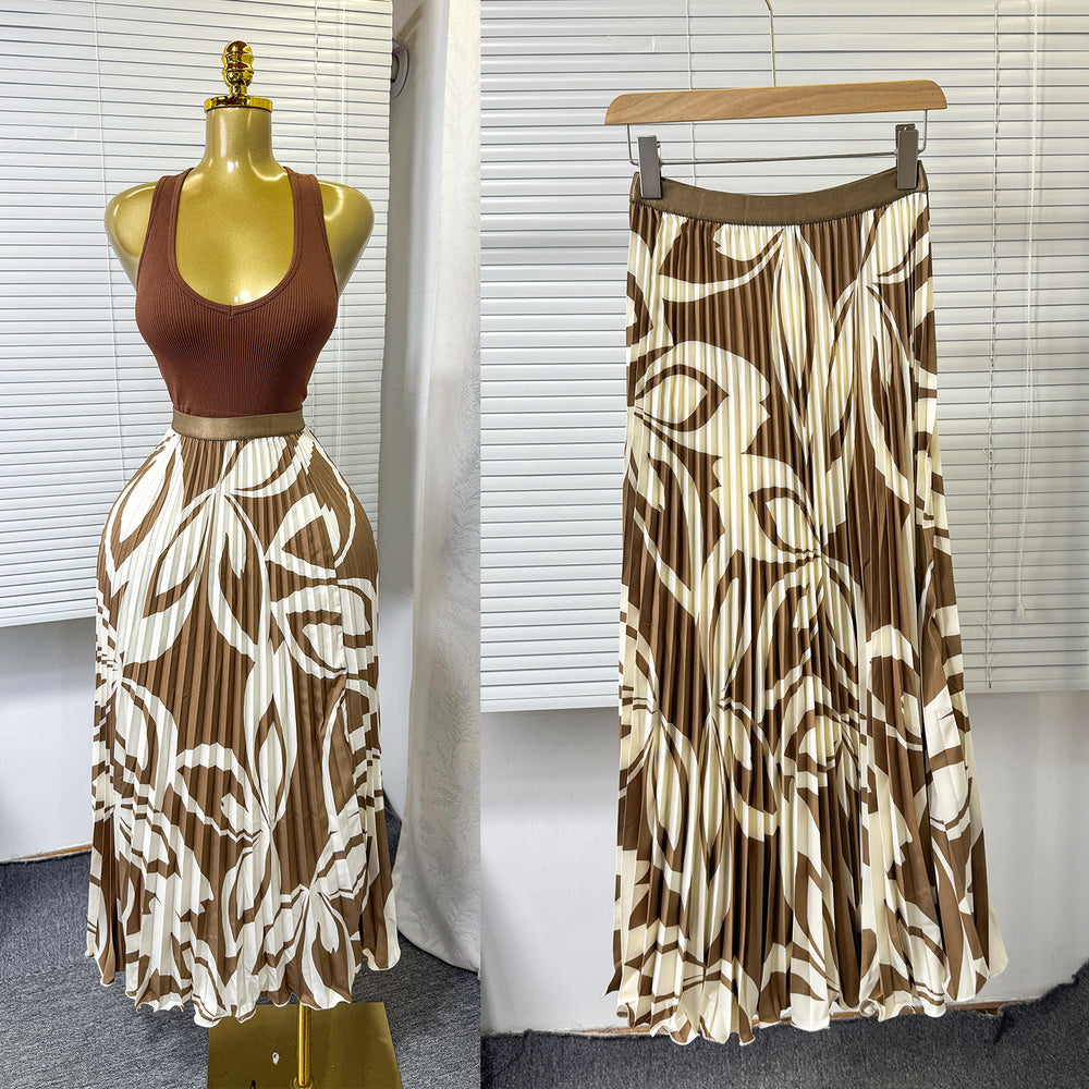 European and american style elegant pleated print midi skirt - high waist, slimming, flowy a-line skirt with elastic waistband - perfect for summer