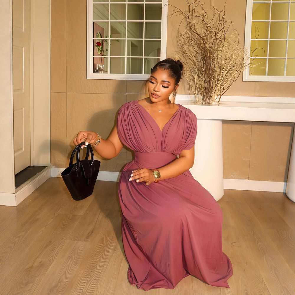 European and american cross-border women's fashion:  autumn new arrival - solid color v-neck ruched flutter sleeve cinched waist long elegant dress