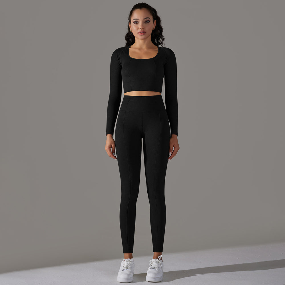 fashion seamless knittingpure color polka dot high elastic tight breathable yoga suit running fitness two-piece set