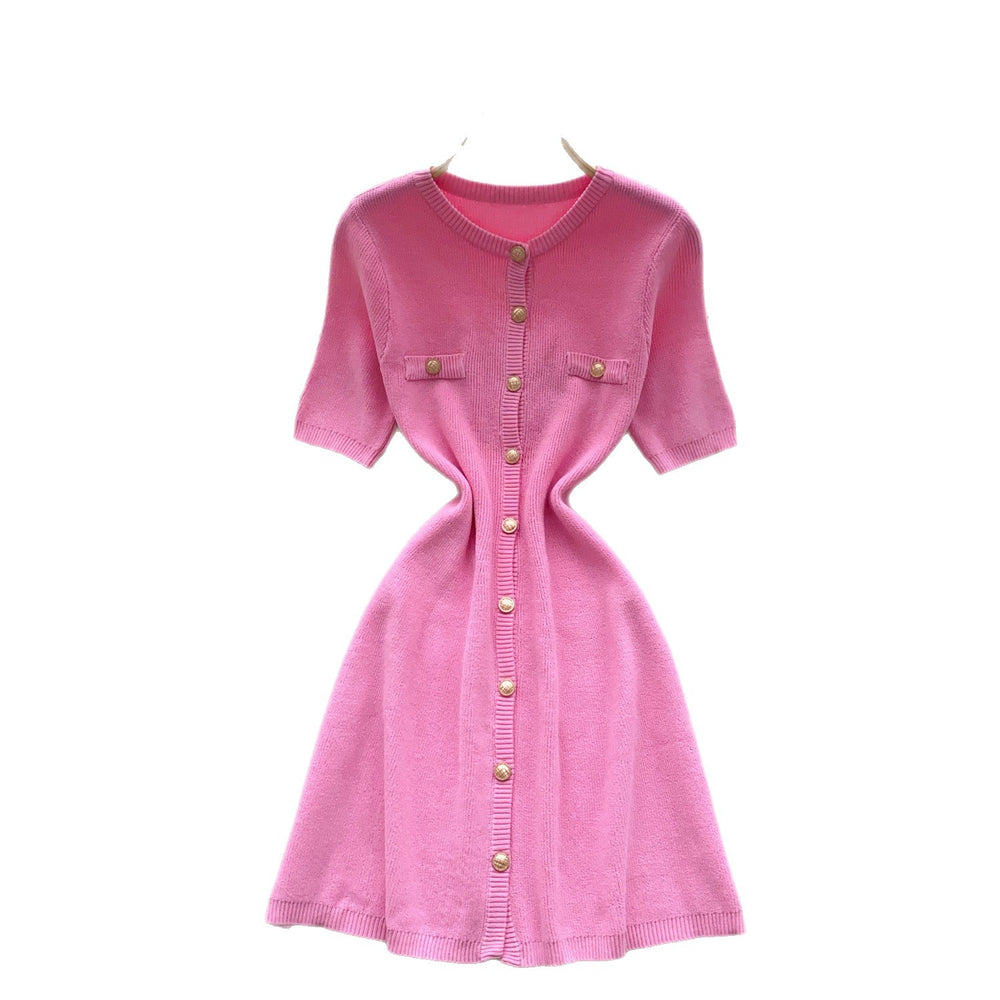 Xiaoxiangfengclassyfashionable metal buckle silm short-sleeved dress women's summer waist slimming lookelegantsweater skirt