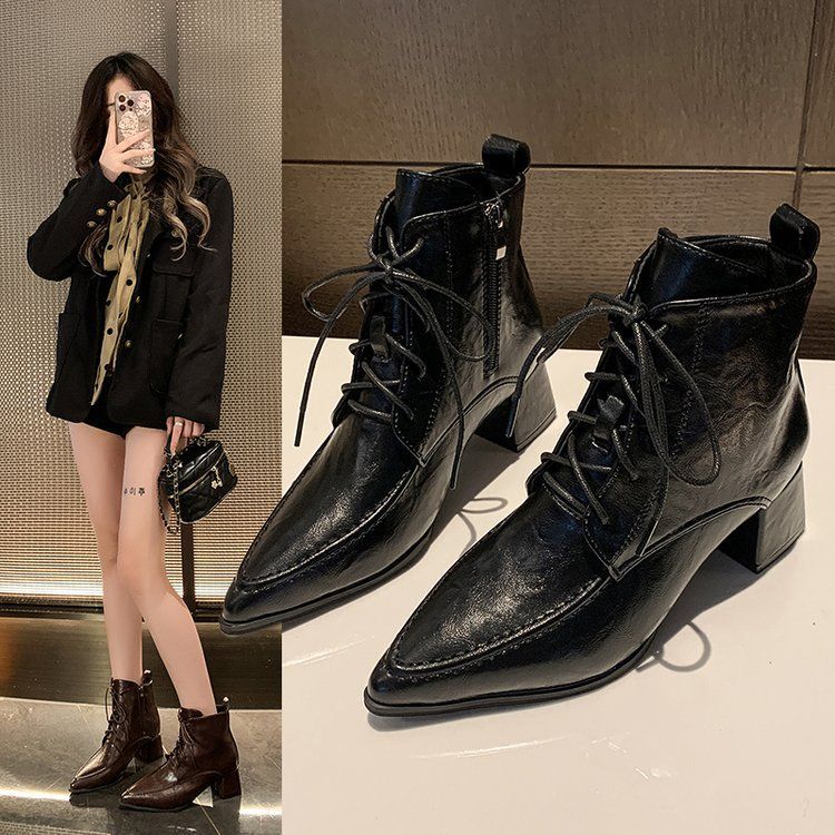 fall/winter new retro lace-up ankle boots pointed toe side zipper mid-heel chunky heel fashion boots women's boots plus size