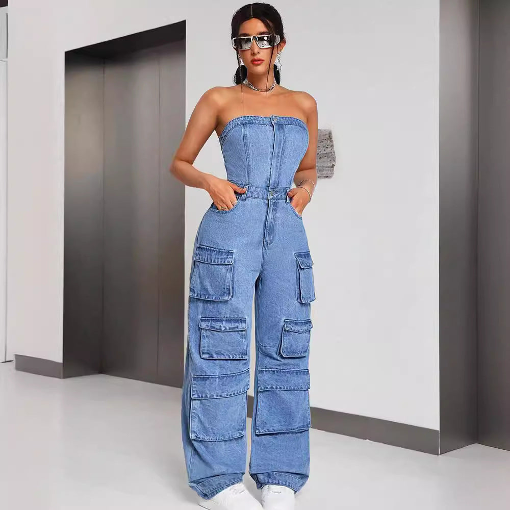 European and american style denim jumpsuit -  cross-border women's fashion hot girl bandeau multi-pocket cargo pants