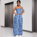 European and american style denim jumpsuit -  cross-border women's fashion hot girl bandeau multi-pocket cargo pants