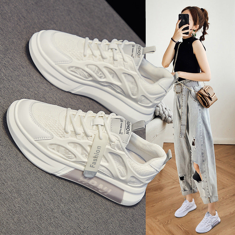 Thick solewhite shoes women's 2026 summer new breathable mesh casual sneakers ins super popular easiest for match height increasing women's shoes