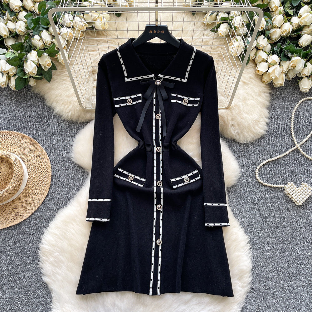 French retro chic color block polo collar long sleeve knit dress with metal buckle waist detail - slimming and elegant