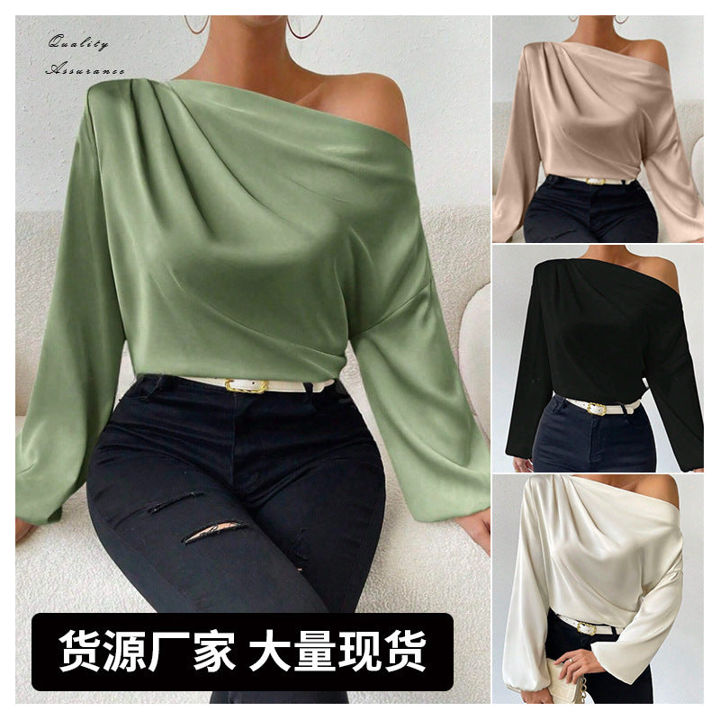 Asymmetrical long sleeve blouse - women's off-the-shoulder pullover top -  cross-border fashion - solid color satin long sleeve shirt