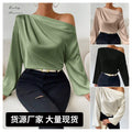 Asymmetrical long sleeve blouse - women's off-the-shoulder pullover top -  cross-border fashion - solid color satin long sleeve shirt