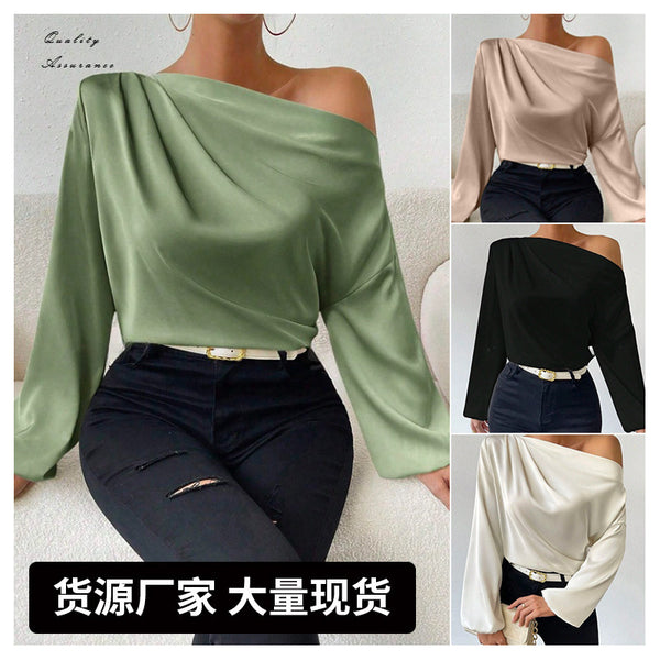 Slant shoulder design long-sleeved shirt, women's asymmetrical pullover top,   European and American solid color satin long