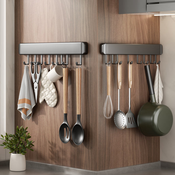 Kitchen hook No punching Wall-mounted row hook Mobile gun gray Space aluminum hanging hook Spatula Spoon hanging rod Shelf