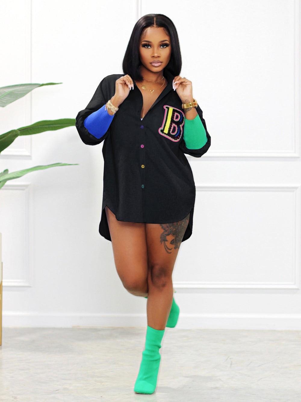 european and american style fashion casual colorful button cardigan contrast color ribbed cuffed sleeve letter patch women's shirt