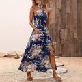Amazon women's clothing japan summer new high-waisted printed dress vacation style slit halter maxi dress