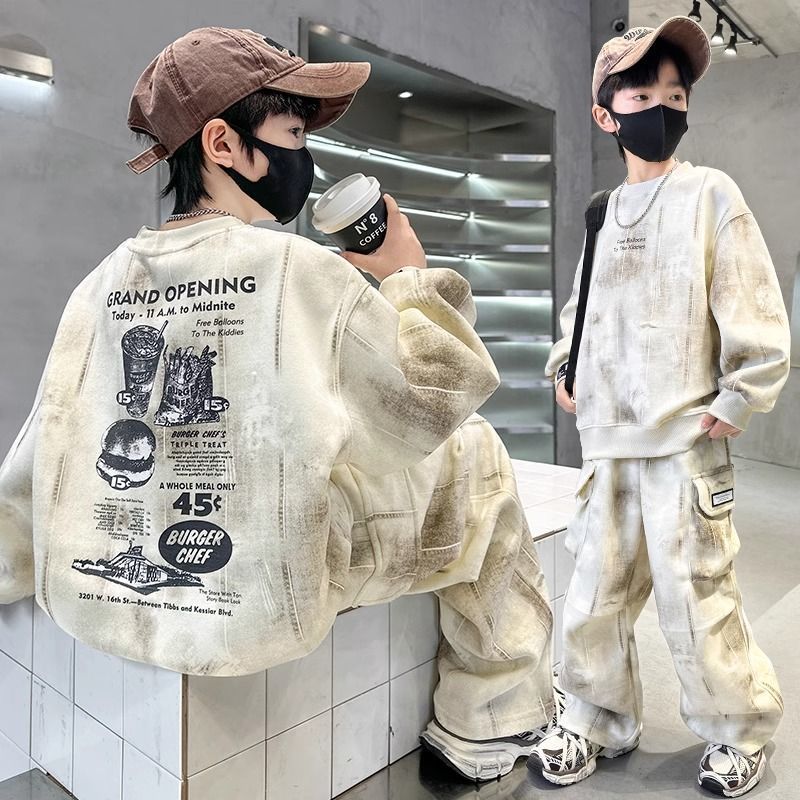 Boys' fall outfit set : new trendy streetwear style, kids' workwear, big kids' spring/autumn sweatshirt tracksuit