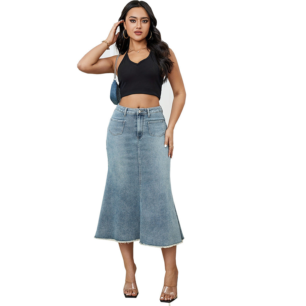 Fashion cross-border women's clothing  high waist denim skirt street casual a-line mopping raw edge denim skirt