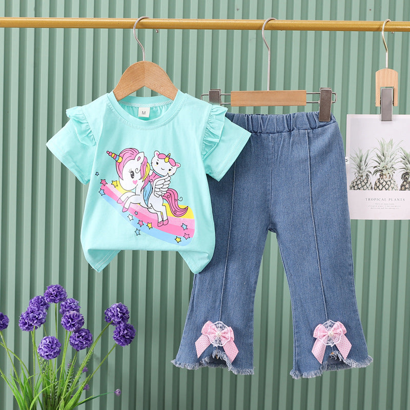 Girls' outfit  new cartoon cute animal korean style denim shorts lace short sleeve two-piece set for young children and toddlers