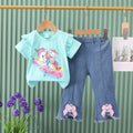 Girls' outfit  new cartoon cute animal korean style denim shorts lace short sleeve two-piece set for young children and toddlers