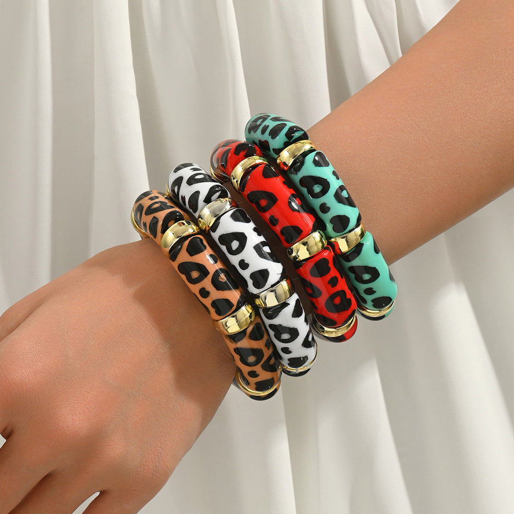 Leopard print acrylic bracelet wholesale - european and american style, edgy & sweet, statement jewelry, high-end aesthetic, color block stretch bracelet