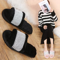 Fall and winteroutwear bunny fur open toe flip flops pearl rhinestone fur slippers women's indoor wooden floor cotton slippers