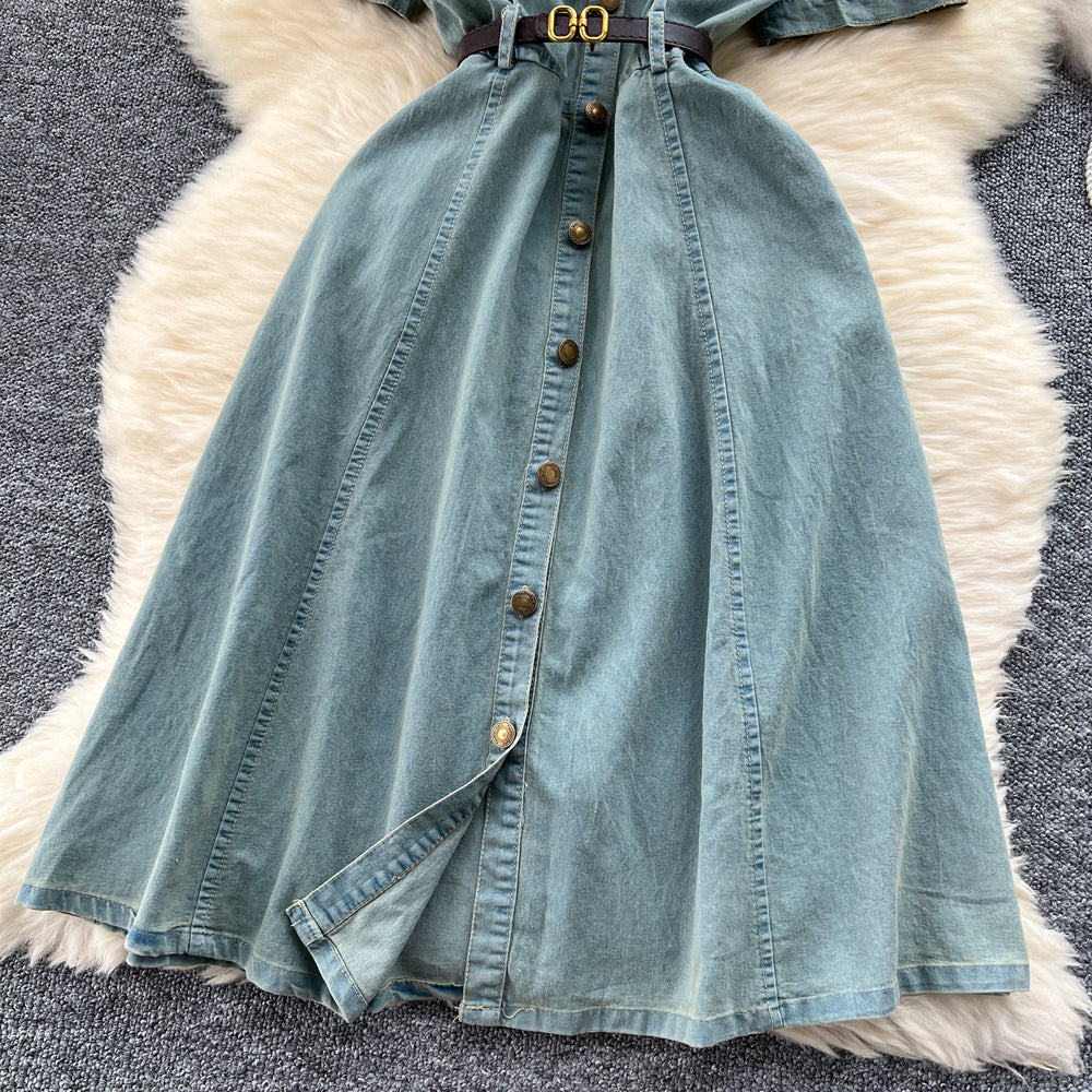 Short-sleeved dress women's summer wear new arrivalk-style polo collar single-breasted waist a-line mid-length denim skirt