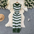Goddess style elegantsilm round neck sleeveless color block stripesknittingdress women's summer tight hip tassel skirt