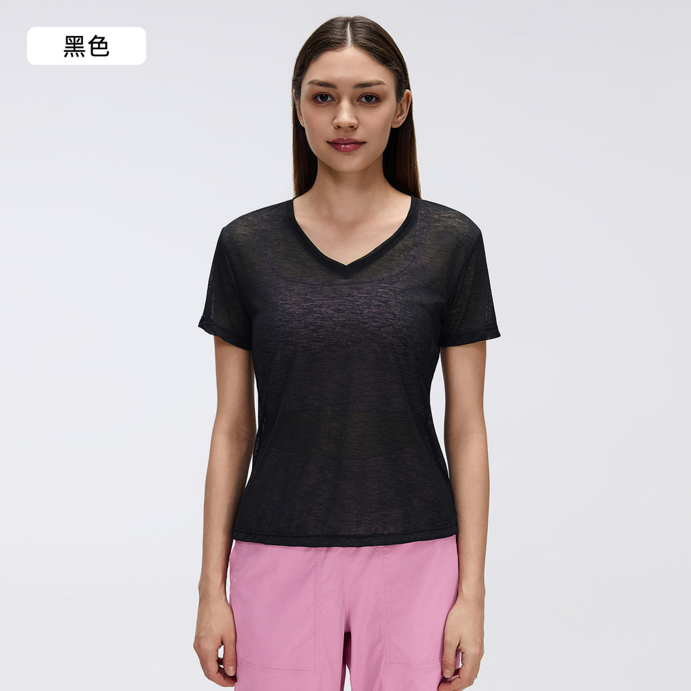 Summer v-neck bamboo slub lightweight breathable sports t-shirt women's running fitness short sleeve yoga top d26098