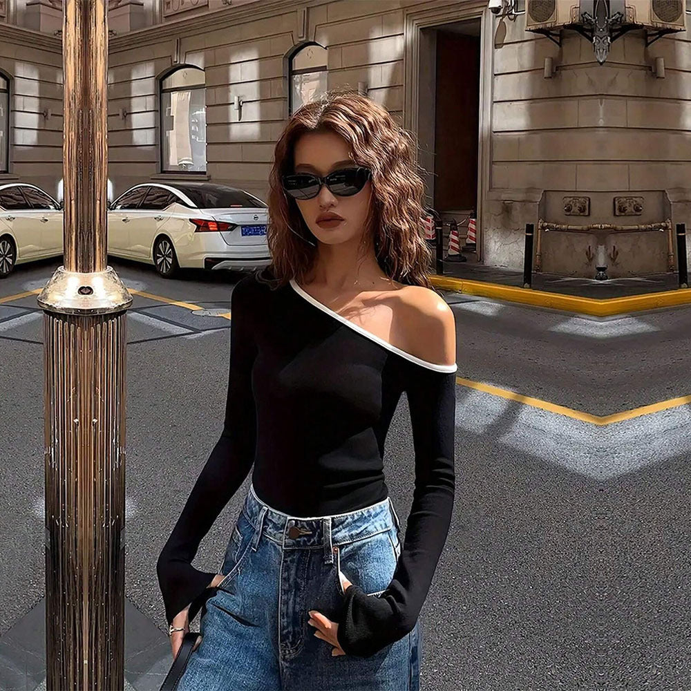 export women's clothing: ins european and american trendy style asymmetrical neck t-shirt, spring/summer unique design, niche off-shoulder top