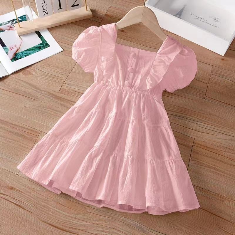 Girls' summer dress  new style chic cardigan slip dress baby solid color princess dress kids short sleeve skirt