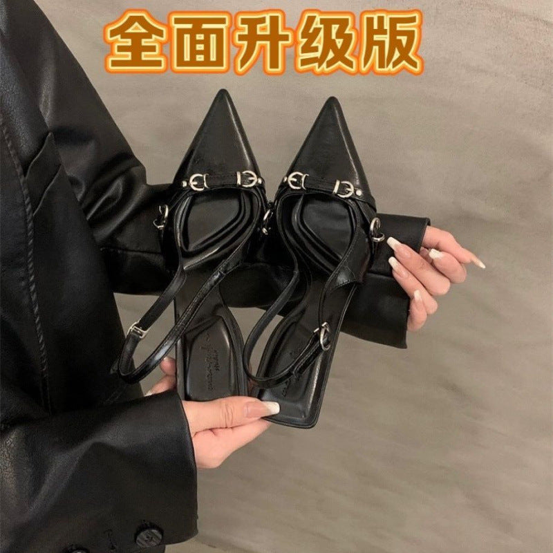 French toe high heel sandals flats 2025 spring new style back hollow thin heel elegant pointed toe flats women's shoes