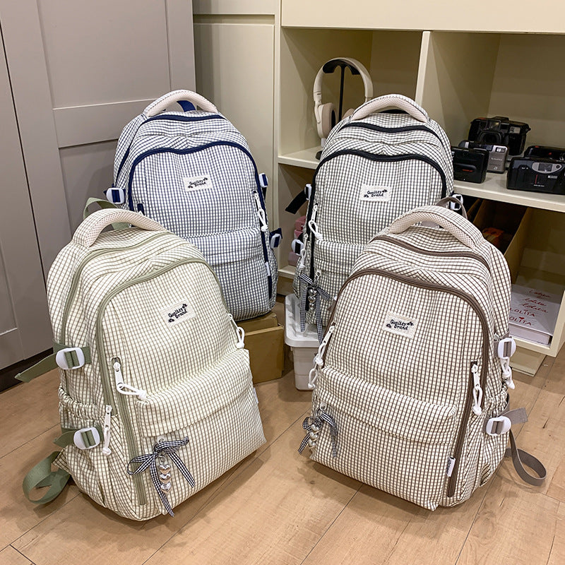 Fresh plaid backpack for women, college & middle school students - lightweight, minimalist, large capacity, korean style, girls' shoulder bag