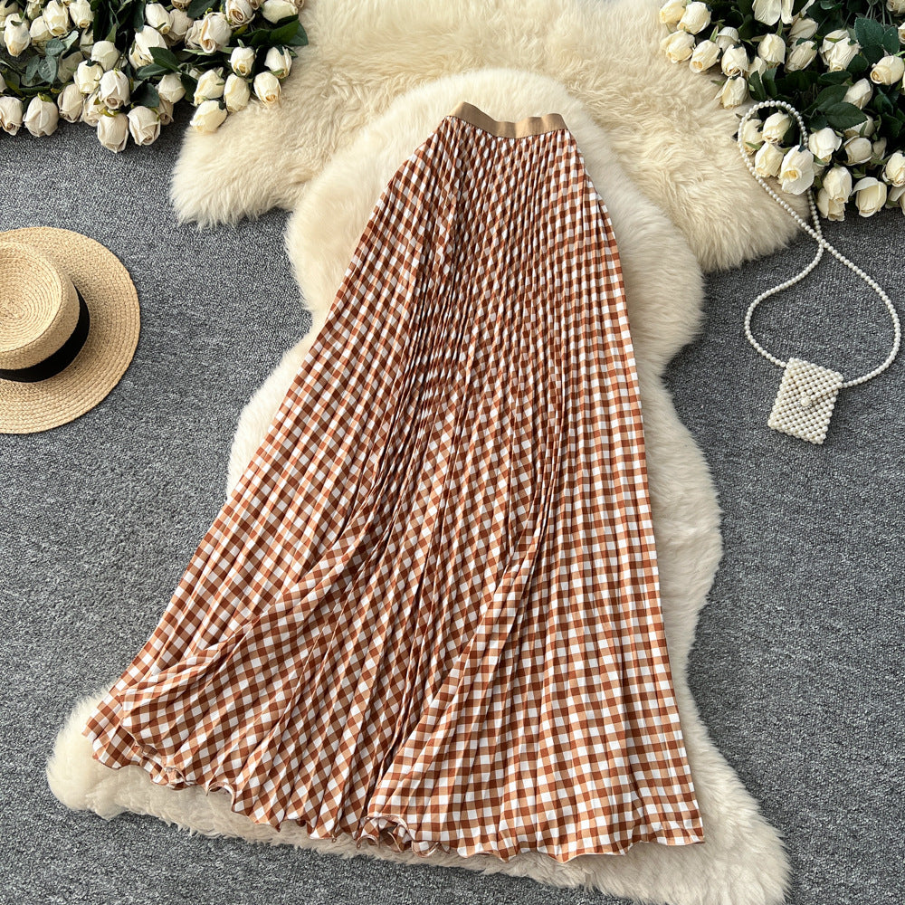 new arrivalgrids pattern patchwork a-line skirt women's high waistslimming lookelegantpleated long skirtwork clothinggrids skirt