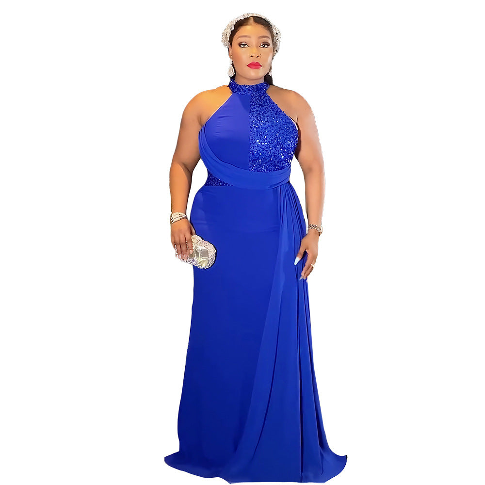 European and american plus-size women's long dress - african-inspired, fashionable, elegant, sexy, halter neck, high-end, floor-length, cinched waist evening gown