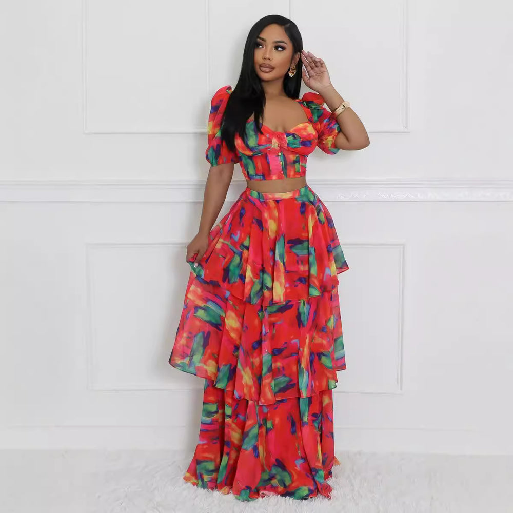 European and american cross-border women's fashion  summer new collection: bandeau u-neck top with printed cinched waist tiered skirt two-piece set