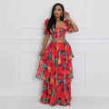 European and american cross-border women's fashion  summer new collection: bandeau u-neck top with printed cinched waist tiered skirt two-piece set