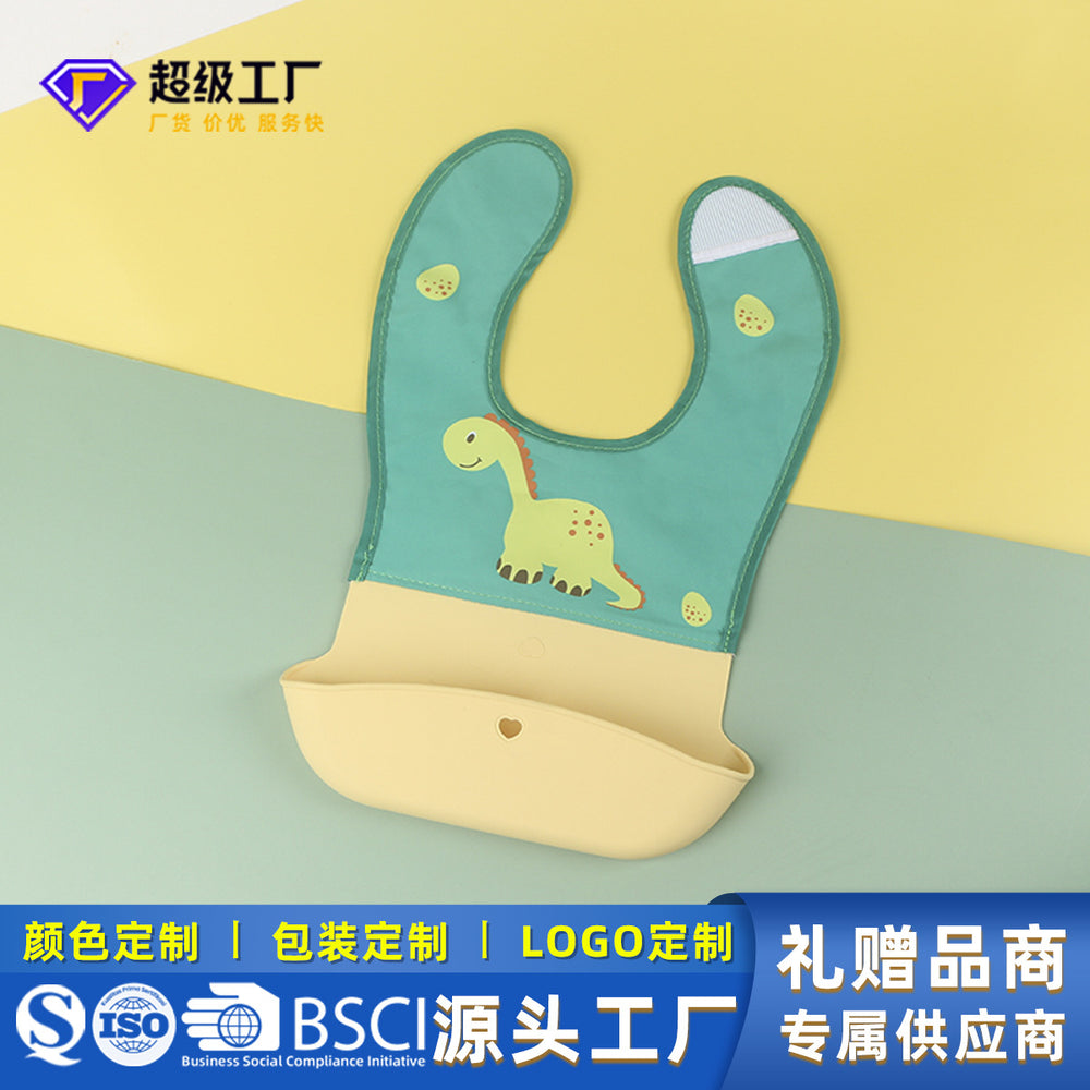 Baby tableware suitkidswaterproofpatchwork silicone bib baby cartoon eating special saliva pocket feeding