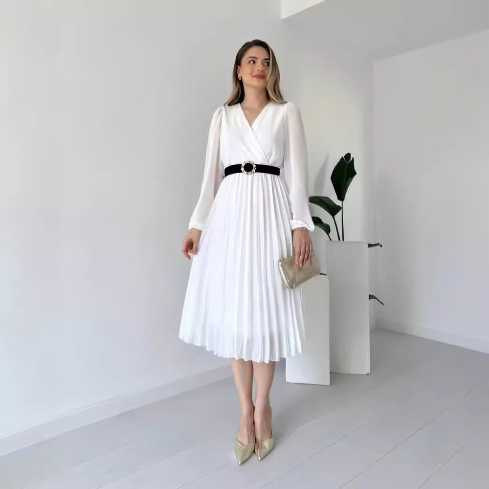 European and american cross-border women's fashion:  autumn new french style solid color v-neck long sleeve cinched waist pleated elegant dress
