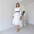 European and american cross-border women's fashion:  autumn new french style solid color v-neck long sleeve cinched waist pleated elegant dress
